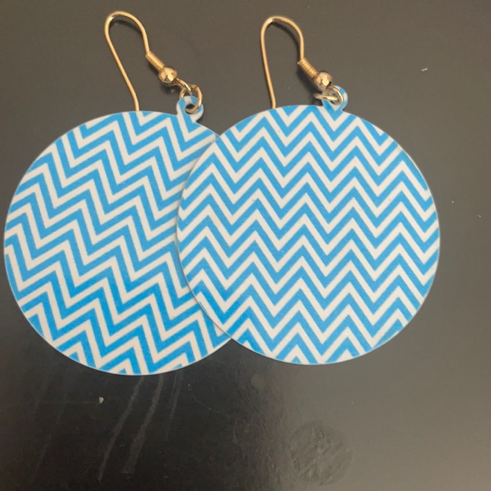 Blue and white chevron earrings